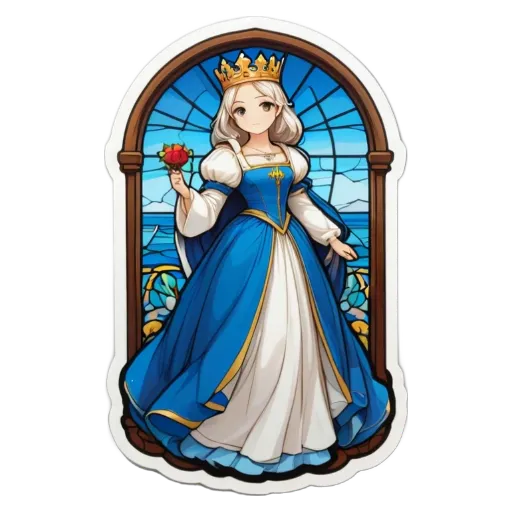 A cartoon drawing of a girl wearing a blue dress with a red rose in her hand.