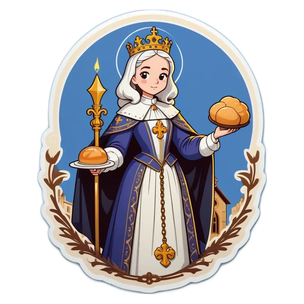 A cartoon depiction of a woman holding bread.