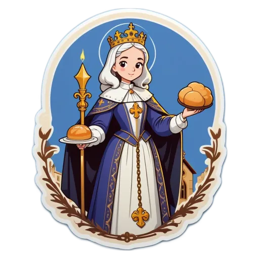 A cartoon depiction of a woman holding bread.