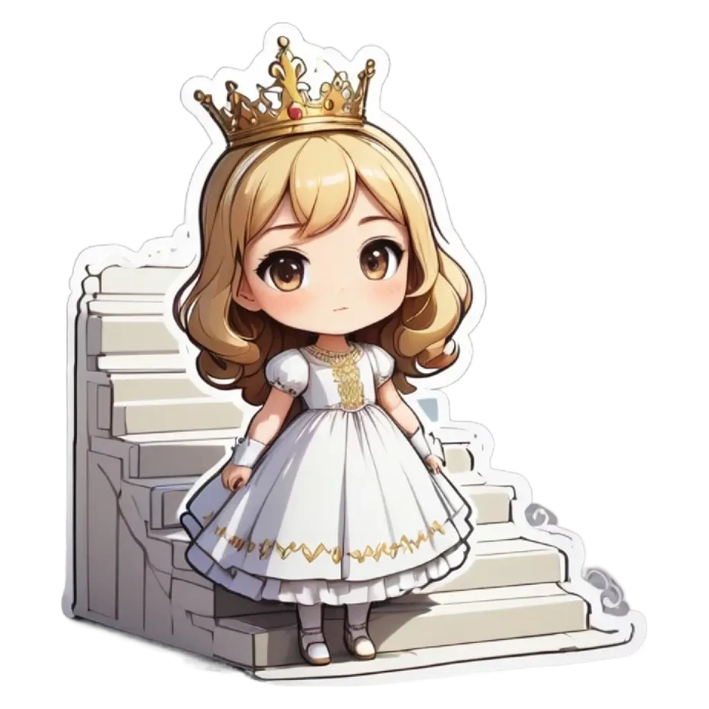 A girl is standing on steps with a white dress and a crown.