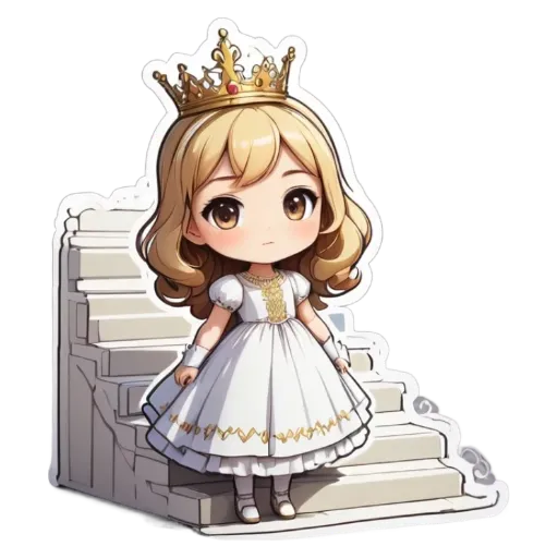 A girl is standing on steps with a white dress and a crown.