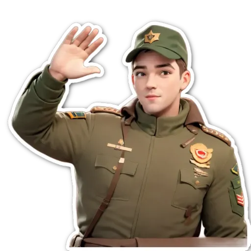 A green colored military uniform with a belt and a hand gesture.