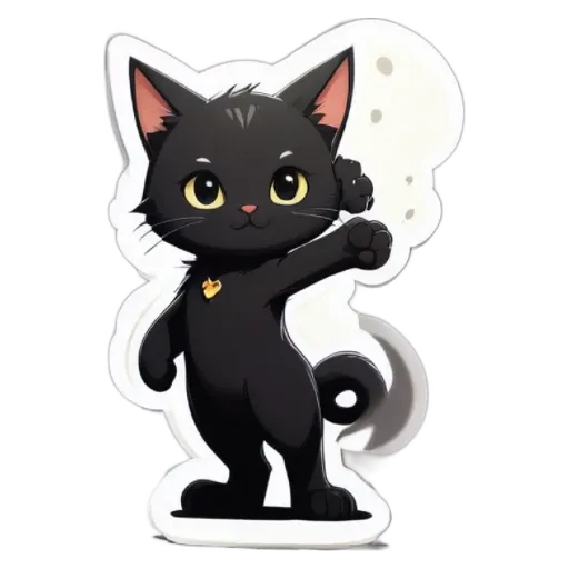 A cartoon black cat with a name tag and a paw raised.