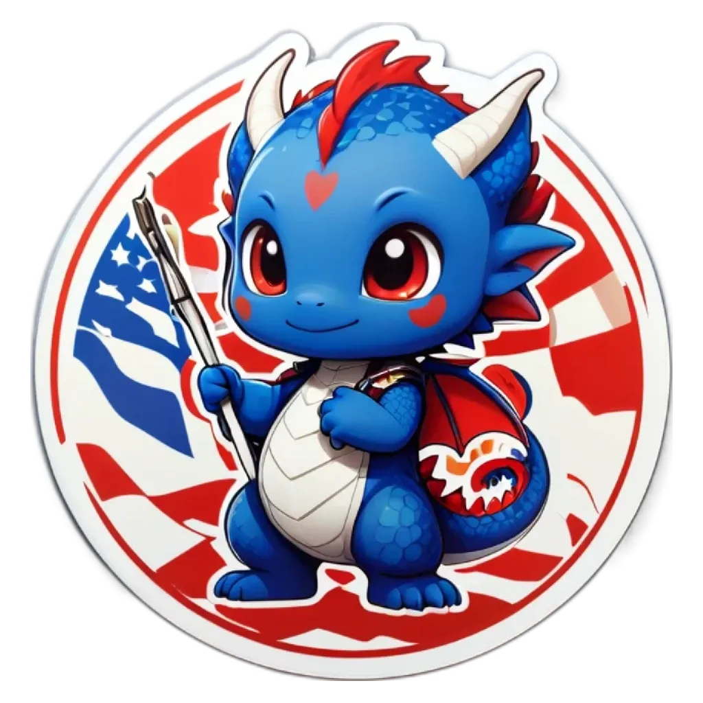 a blue dragon holding a paintbrush in front of a circle with american flags on it.