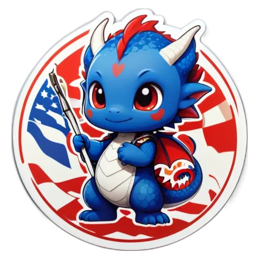 a blue dragon holding a paintbrush in front of a circle with american flags on it.