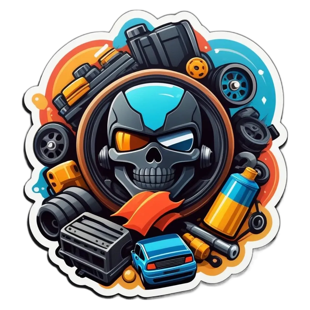 A skull and various tools are in the center of a sticker.