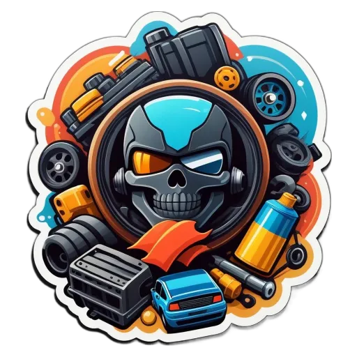 A skull and various tools are in the center of a sticker.