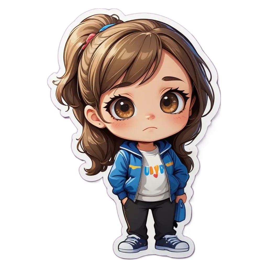 A girl wearing a blue jacket with the word UV on it.