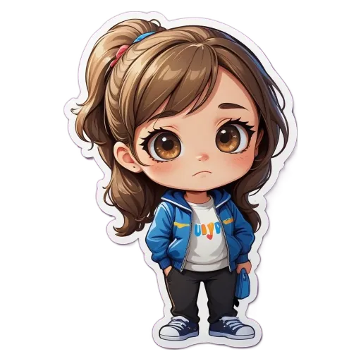 A girl wearing a blue jacket with the word UV on it.
