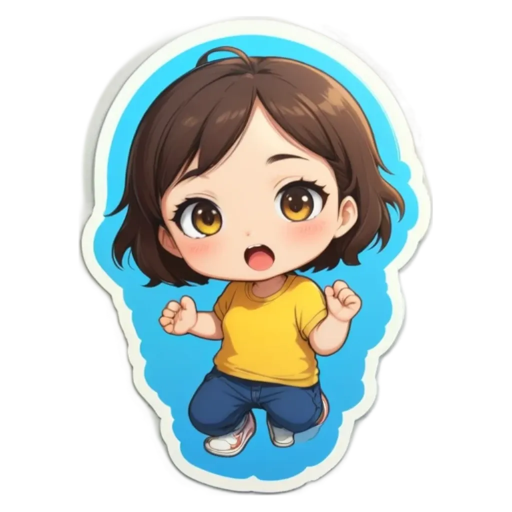 A girl is depicted with a yellow shirt and blue jeans as well as a black and white face sticker.