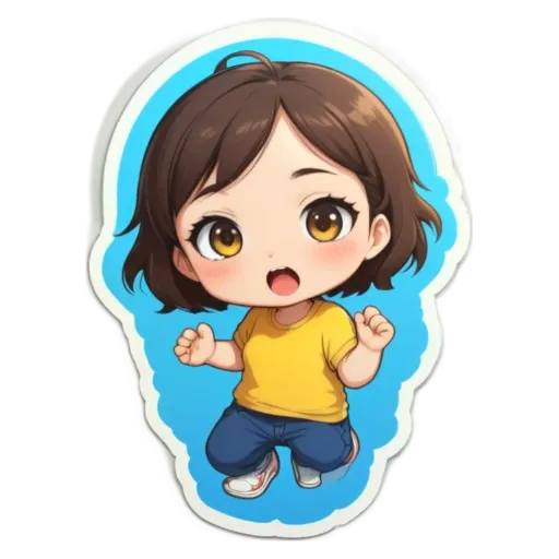 A girl is depicted with a yellow shirt and blue jeans as well as a black and white face sticker.