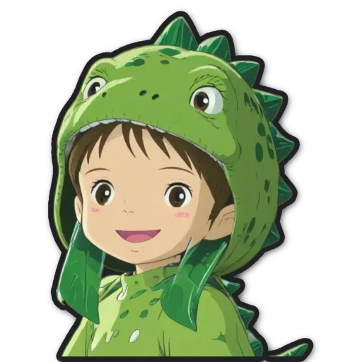 A boy in green with a dinosaur hat.