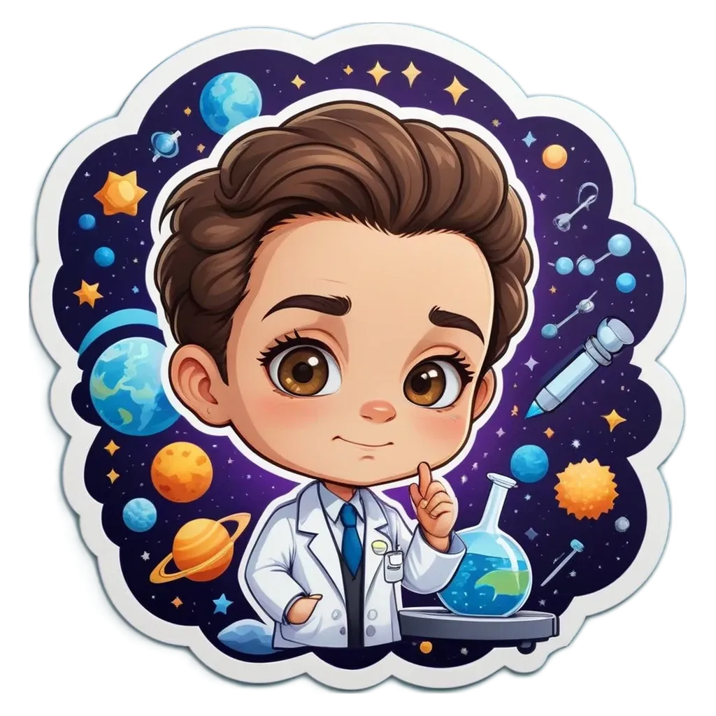 A sticker of a man in a lab coat thinking about something.