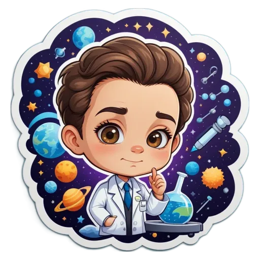 A sticker of a man in a lab coat thinking about something.