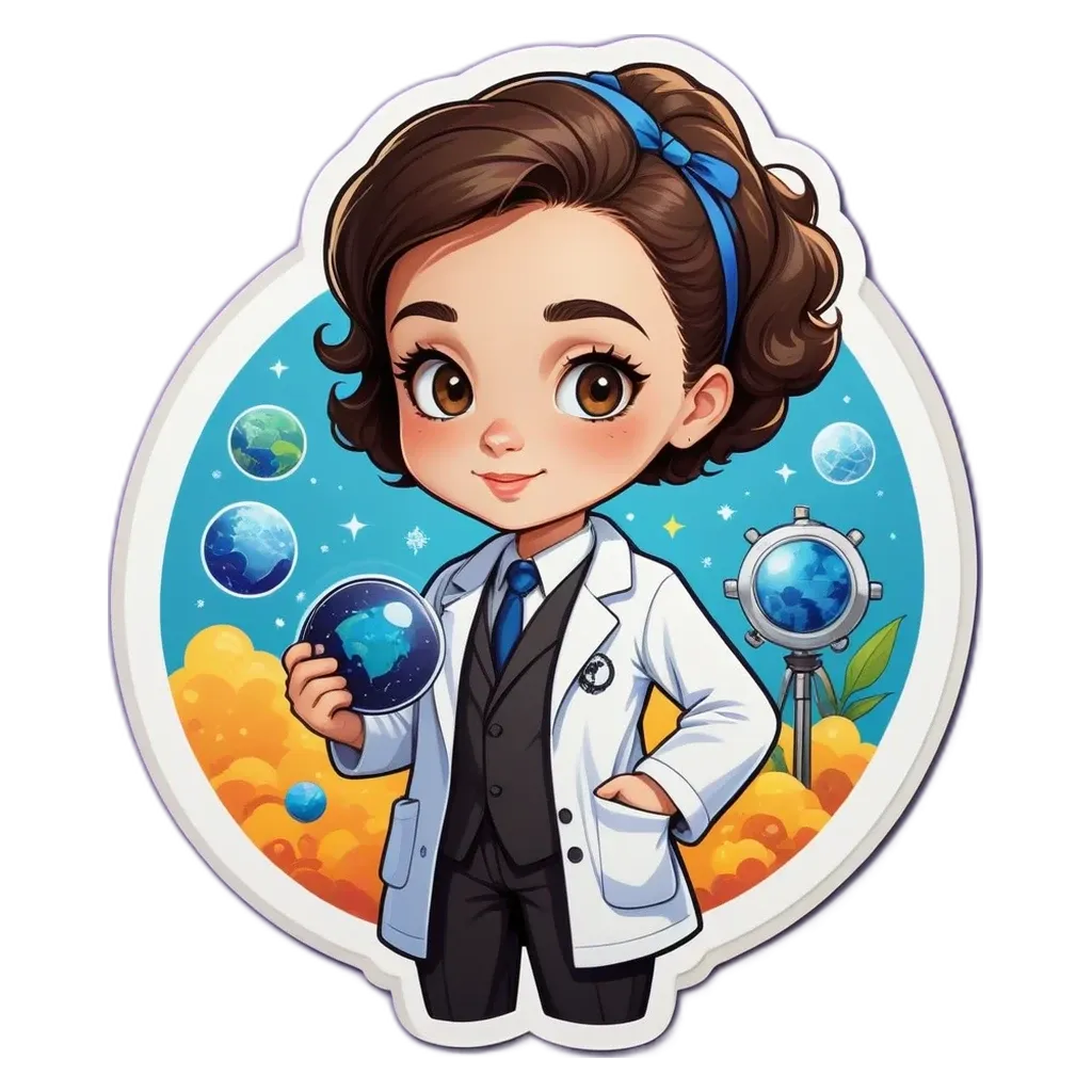 A girl is wearing a white lab coat and holding a globe.