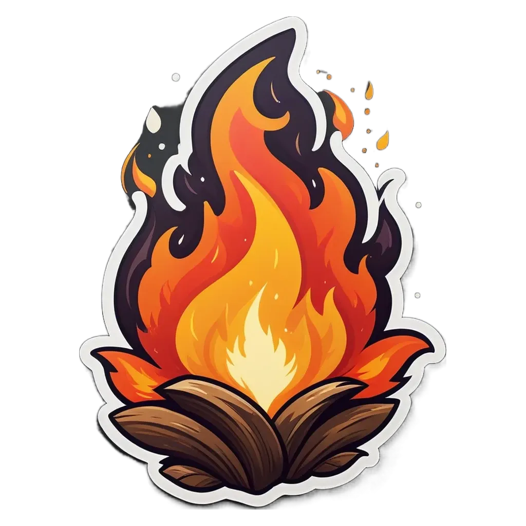 A sticker of a fire with the words "Q" and "fire" on it.
