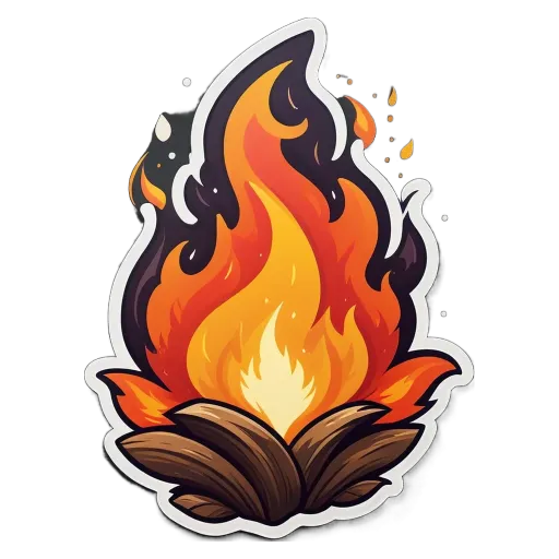 A sticker of a fire with the words "Q" and "fire" on it.