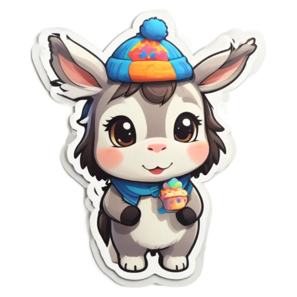 A donkey wearing a hat and holding a cupcake.