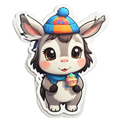A donkey wearing a hat and holding a cupcake.