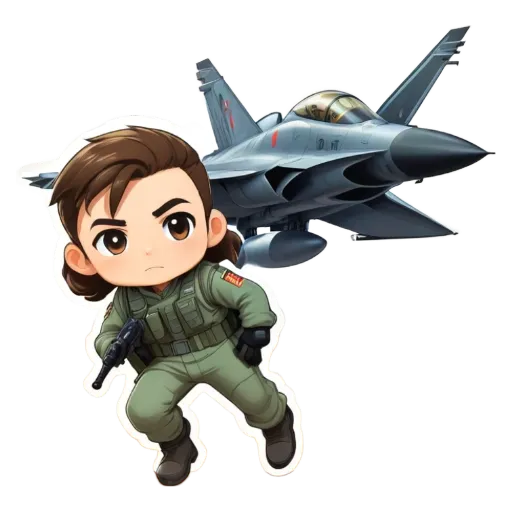 A boy is running next to a fighter jet in a game.