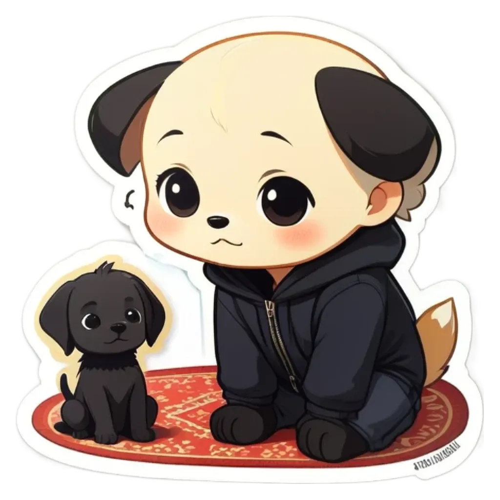 A black puppy is sitting on a rug next to a small puppy.