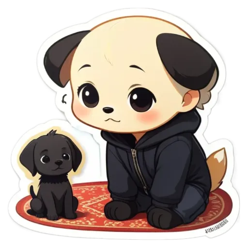 A black puppy is sitting on a rug next to a small puppy.