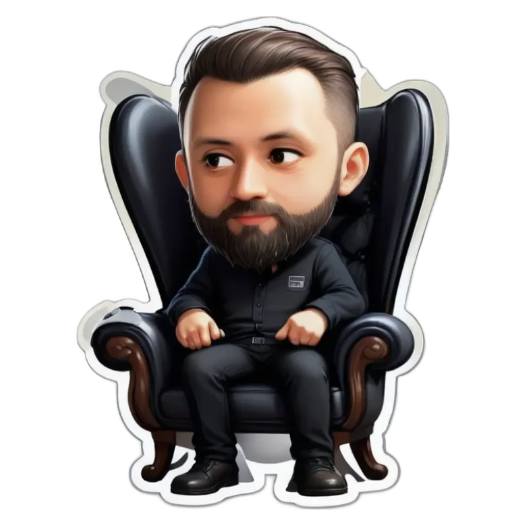A sticker of a man with a beard and black clothing sitting in a chair.