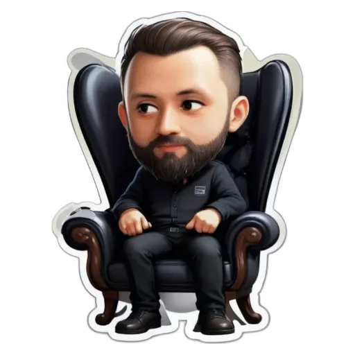 A sticker of a man with a beard and black clothing sitting in a chair.