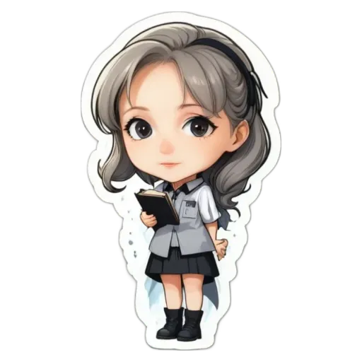 A girl with a book is shown on a sticker.