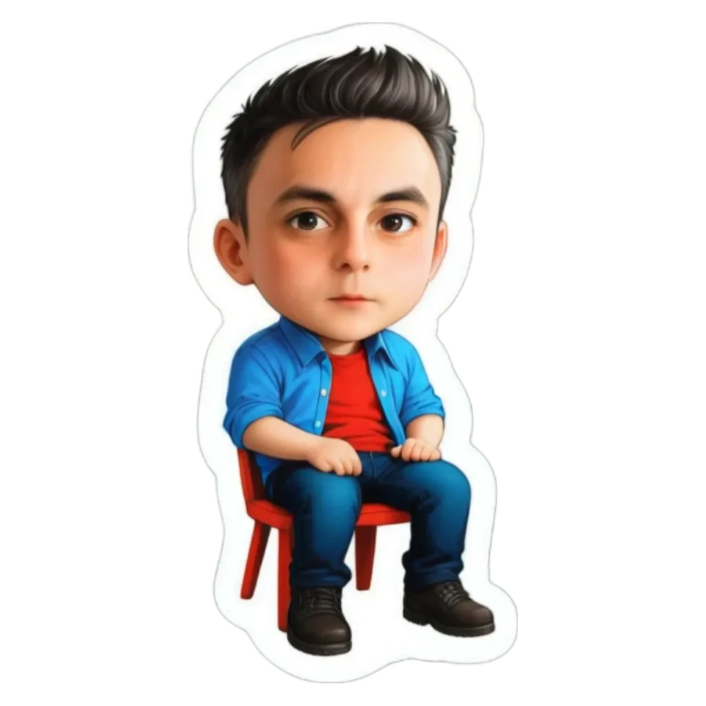 A boy is sitting in a chair in a picture that is meant to be a sticker.