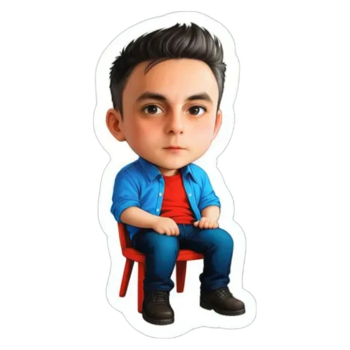 A boy is sitting in a chair in a picture that is meant to be a sticker.