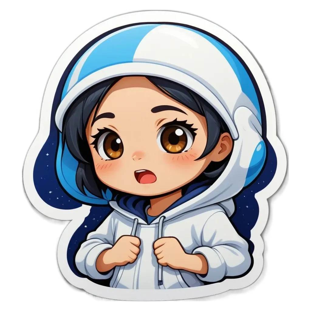 A girl wearing a spacesuit sticker is looking to the right.