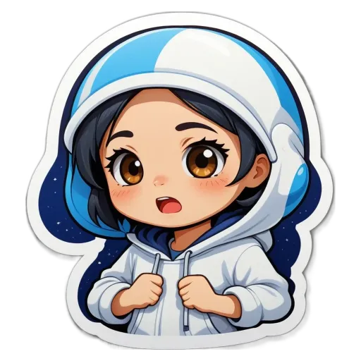 A girl wearing a spacesuit sticker is looking to the right.