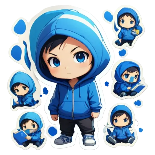 A series of stickers of a boy in a blue hoodie and reading a book.
