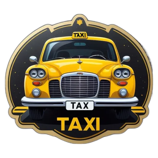 A classic yellow taxi is pictured with the word TAXI in the bottom right.