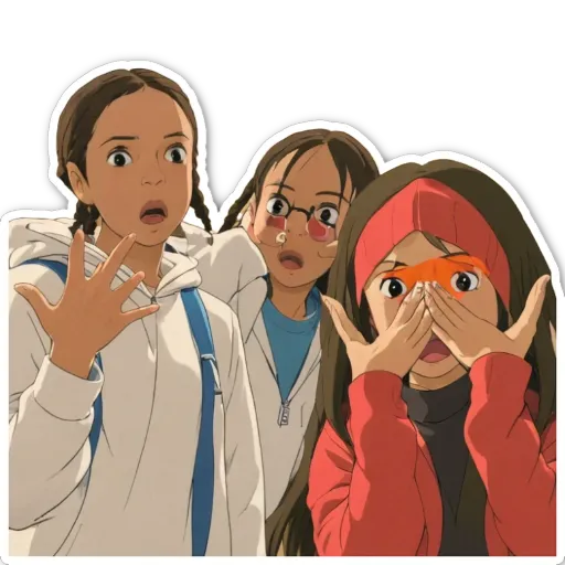Three girls are hiding their faces with their hands.