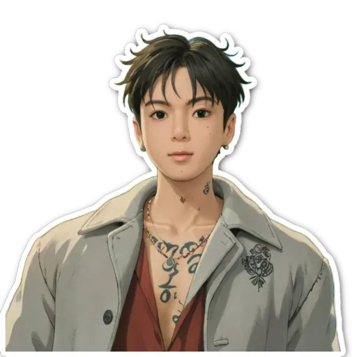 A boy with tattoos has a name tag on his shirt.