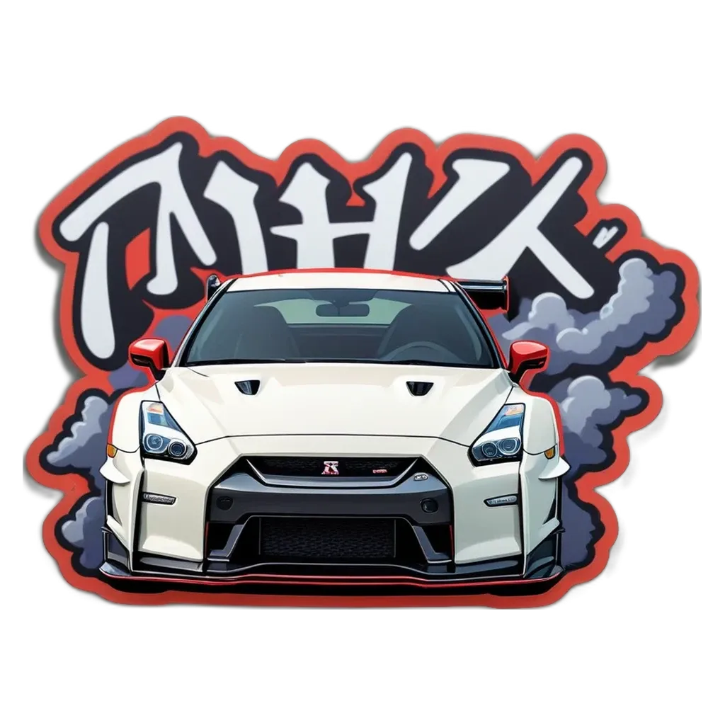 A graphic of a car with Japanese writing in red.