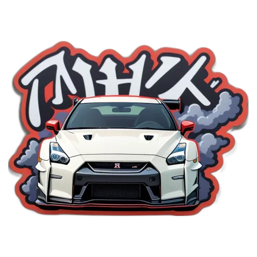 A graphic of a car with Japanese writing in red.