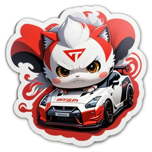 A cat with the letter T on its face is sitting in a car on a race track.