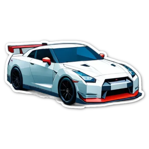 A sticker of a car with red and white trim.
