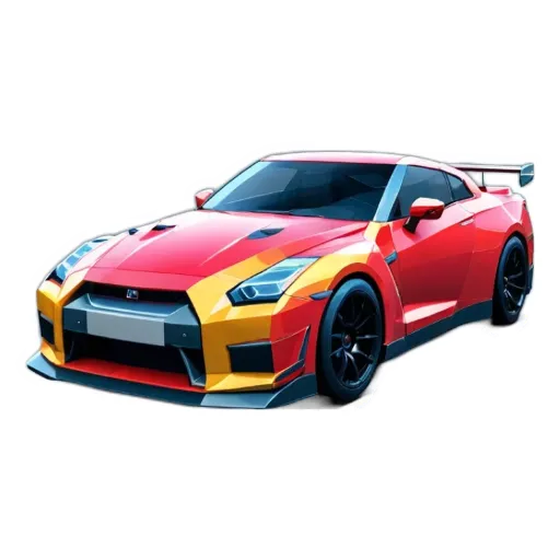 A red and yellow car with a black background.