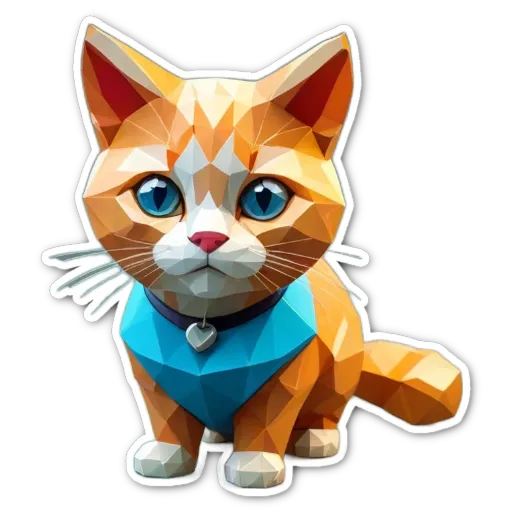 A cat in a polygonal sticker in blue and orange.