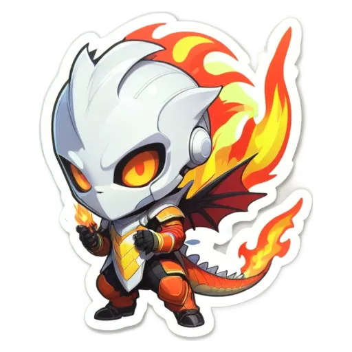 A fire is depicted on a dragon, with the dragon holding a gun.