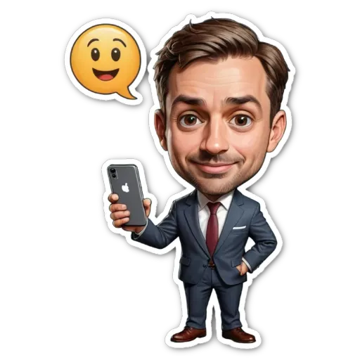 A man in a suit holding a cell phone with a sticker that says "like" on it.