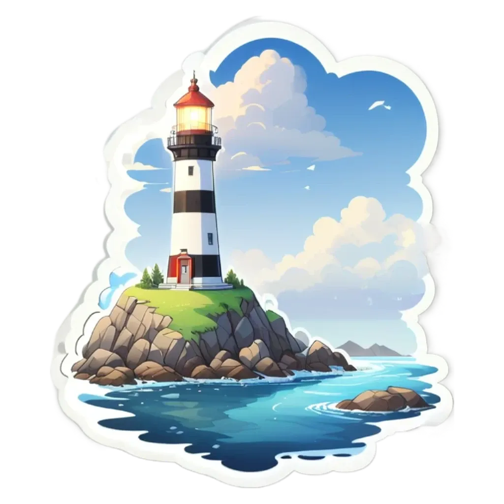 A lighthouse is on a rock in a body of water.