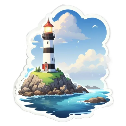 A lighthouse is on a rock in a body of water.