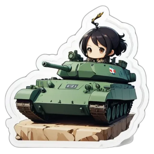 A girl is inside of a green tank, the tank is part of a sticker.