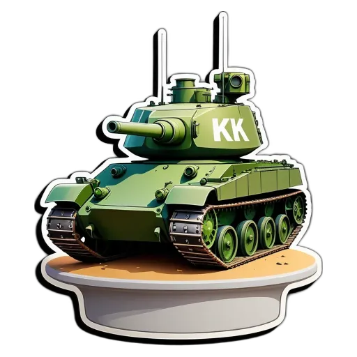 A green tank with the letters KK on it stands on a black background.