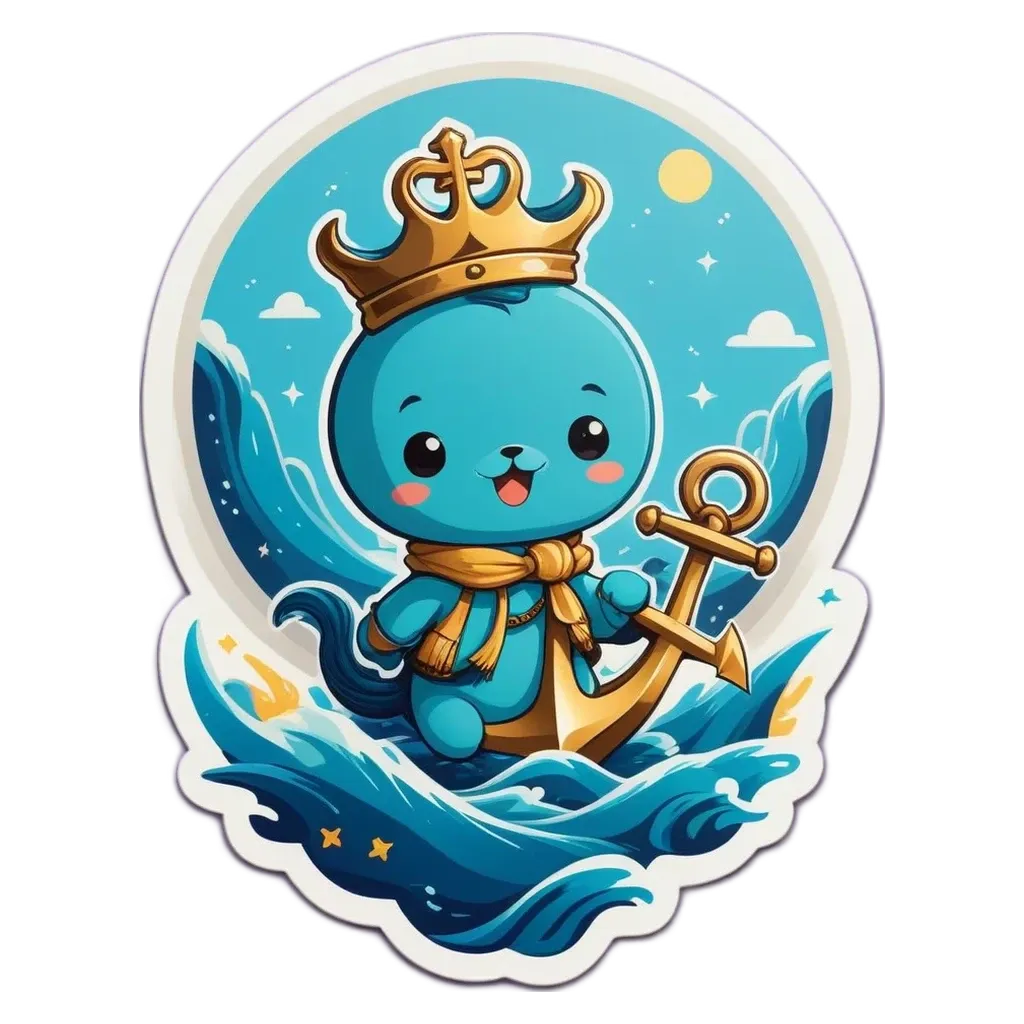 A blue character in a circle is wearing a crown and holding an anchor.